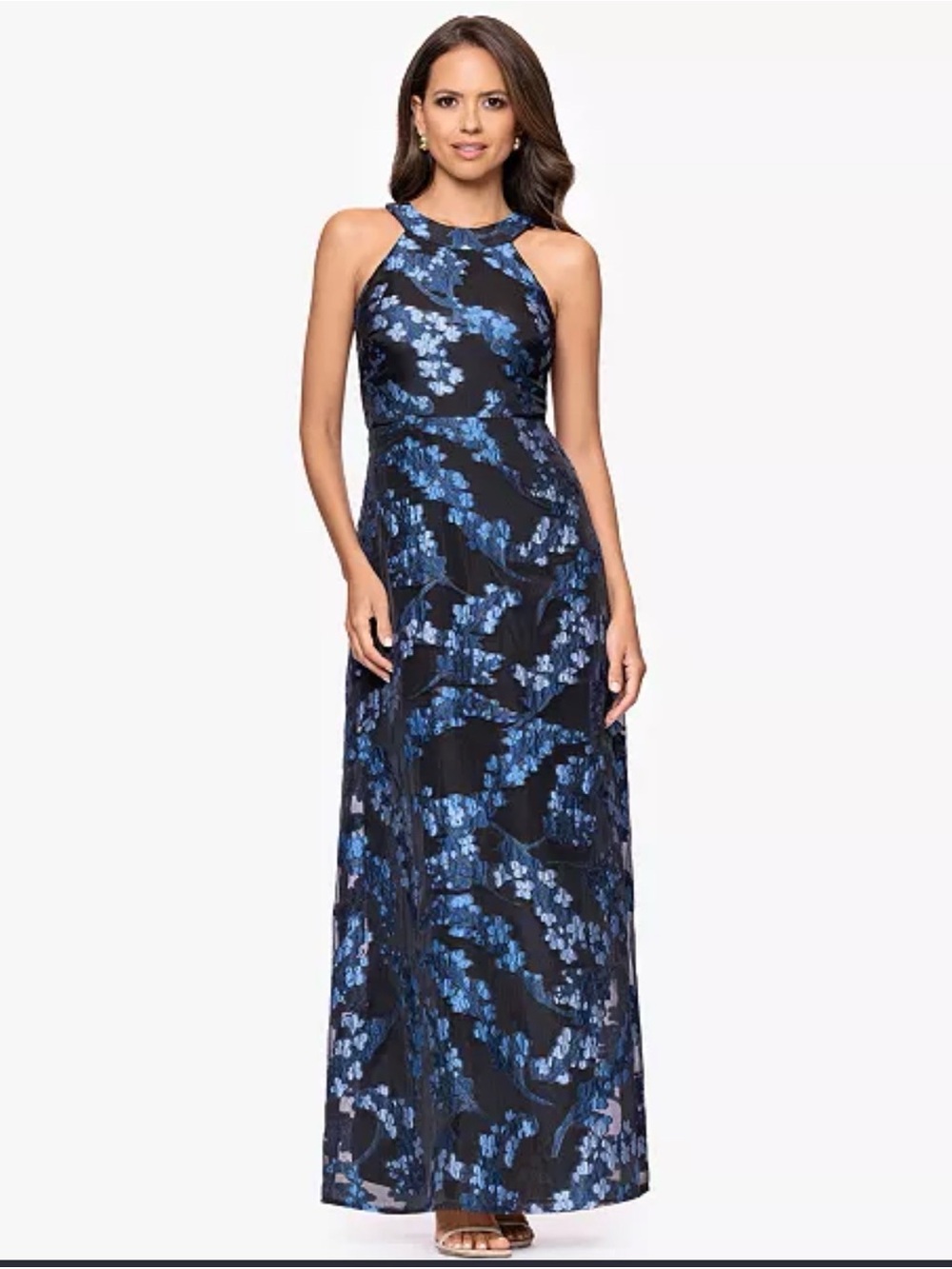 Betsy & Adam Black Maxi Gown with Blue Floral Pattern